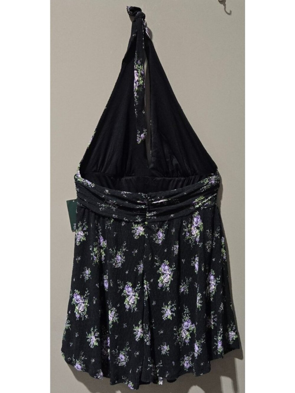 Wild Fable Purple Floral Sleeveless Skater Black Halter Mini Dress - Large 12/14 - Picture 5 of 8